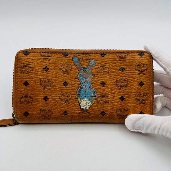 MCM Brown Zip Wallet with Blue Rabbit Design - Picture 1 of 10